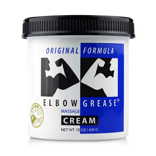 Elbow Grease Original Massage Cream in a 15 oz white jar with black lid