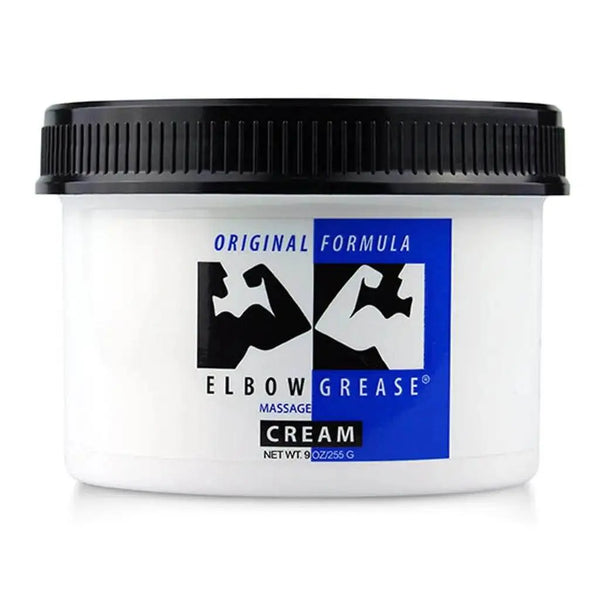 Elbow Grease Original Cream 9 oz jar with black lid, a smooth massage and lubricant formula