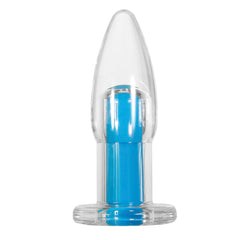 Electric Blue anal plug front view showing clear tapered body with vivid blue vibrating insert