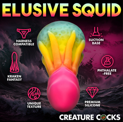 Elusive Squid infographic: harness-compatible, suction base, premium silicone, phthalate-free