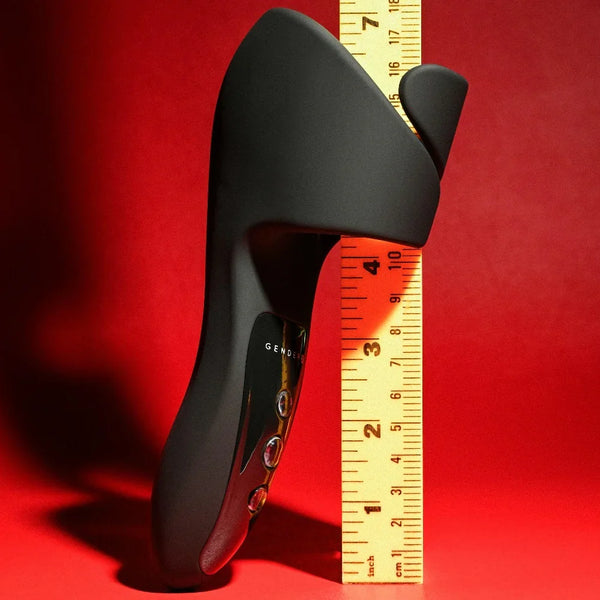 The Embrace beside a ruler on a red background illustrating overall size and sleeve opening depth