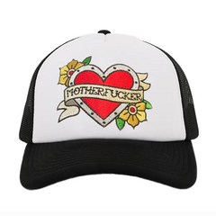 Embroidered tattoo-style heart graphic on white structured front panel of black trucker cap