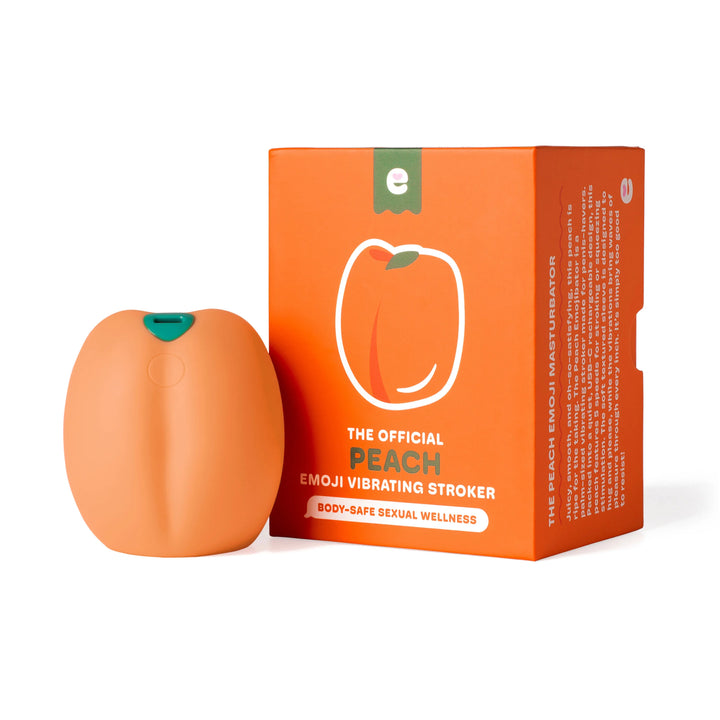 Emojibator Peach Emoji Vibrating Stroker in peach silicone beside its orange retail box