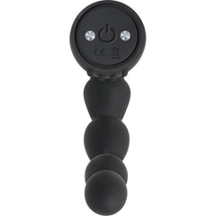 Close-up of The Emperor's beaded black silicone shaft with power button and charging ports on base