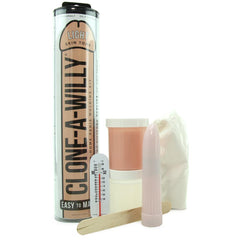 Empire Labs Clone-A-Willy kit contents including molding powder, silicone base, and mixing cup