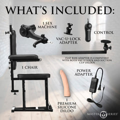 Enforcer Chair package contents: chair, sex machine, Vac-U-Lock adapter, dildo, control, power adapter