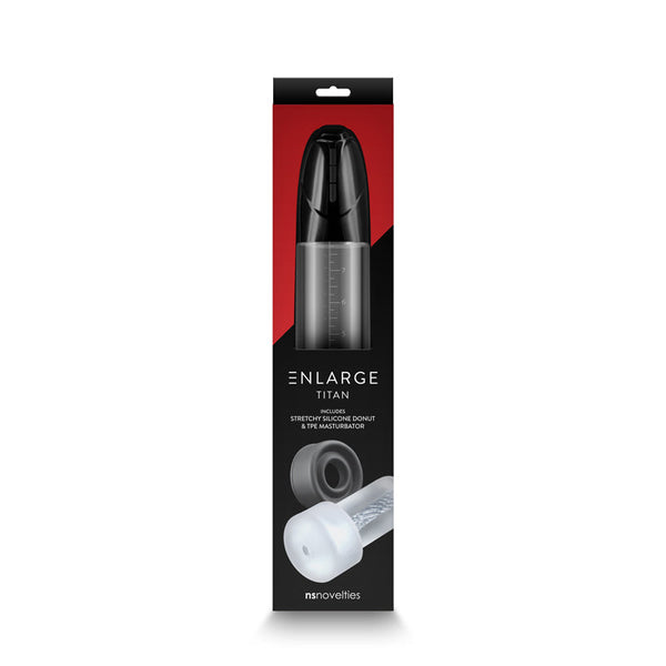 Enlarge Titan pump packaging back view highlighting silicone donut and TPE masturbator sleeve inserts