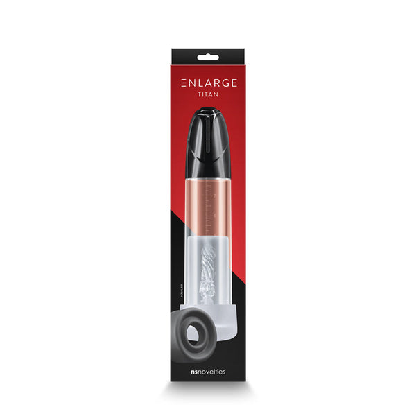 Enlarge Titan rechargeable pump in retail box showing clear graduated cylinder and included accessories