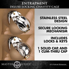 Entrapment Deluxe Locking Chastity Cage features callout showing solid and urination cap options