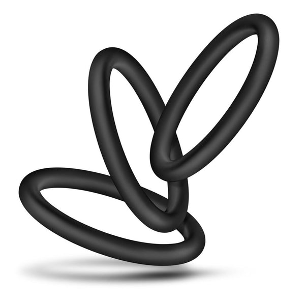 EP Products Silicone Cock Ring Trio in matte black, shown fanned open to display three flexible rings