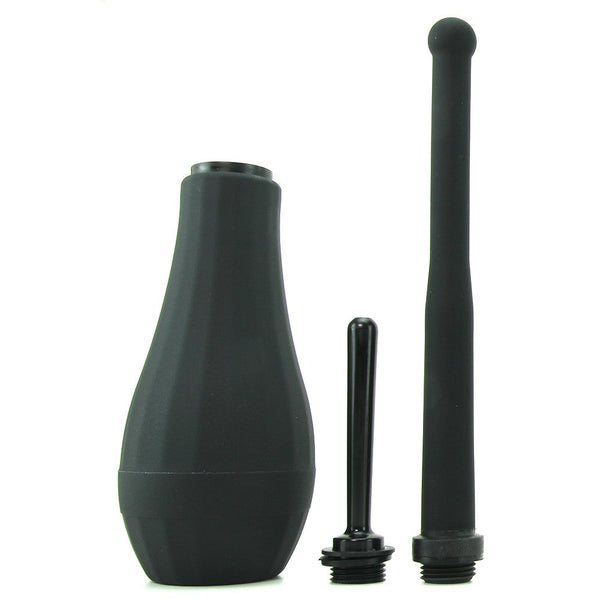 Ergoflo Director anal douche set in black silicone with bulb and two interchangeable nozzle tips