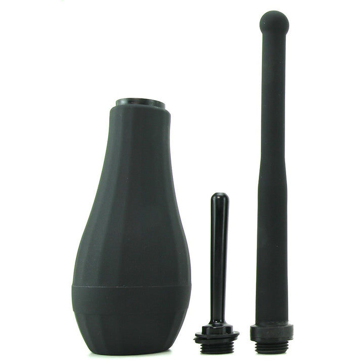 Ergoflo Director anal douche set in black silicone with bulb and two interchangeable nozzle tips