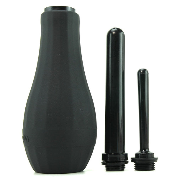 Ergoflo Extra anal douche in matte black silicone with two interchangeable nozzle tips