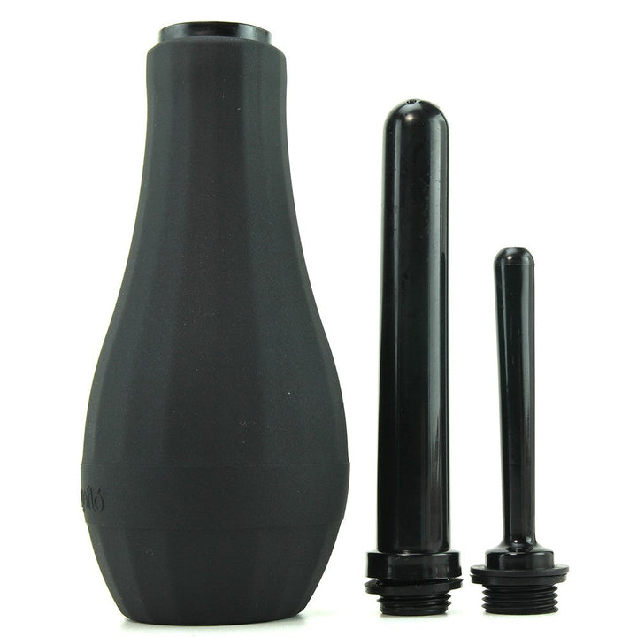 Ergoflo Extra anal douche in matte black silicone with two interchangeable nozzle tips