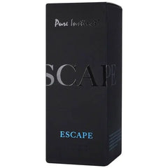 Close-up of Escape by Pure Instinct matte black box with embossed silver lettering