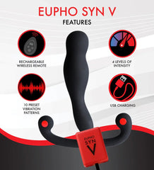 Eupho Syn V features infographic showing 10 vibration patterns, remote, and USB charging