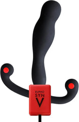 Eupho Syn V prostate massager front view showing USB charging port and dual motor tips