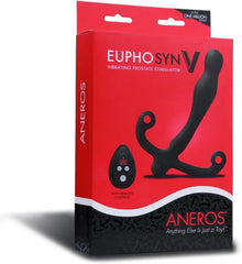 Eupho Syn V vibrating prostate massager in branded red and black retail packaging, angled
