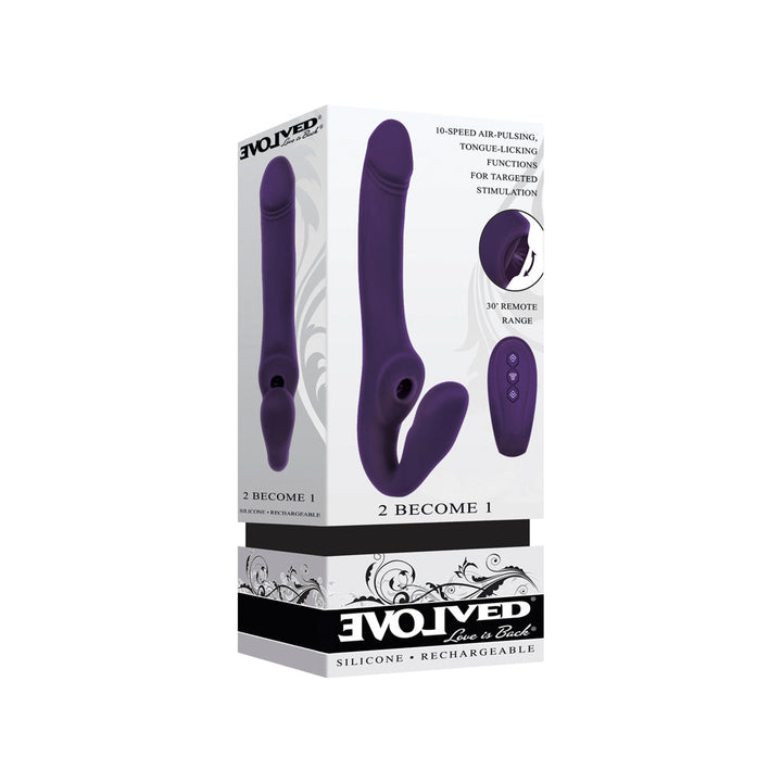 Evolved 2 Become 1 strapless strap-on in purple silicone shown in retail box packaging