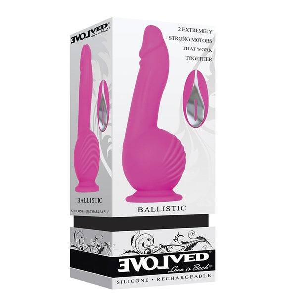 Evolved Ballistic product packaging highlighting dual-motor design, silicone material, rechargeable