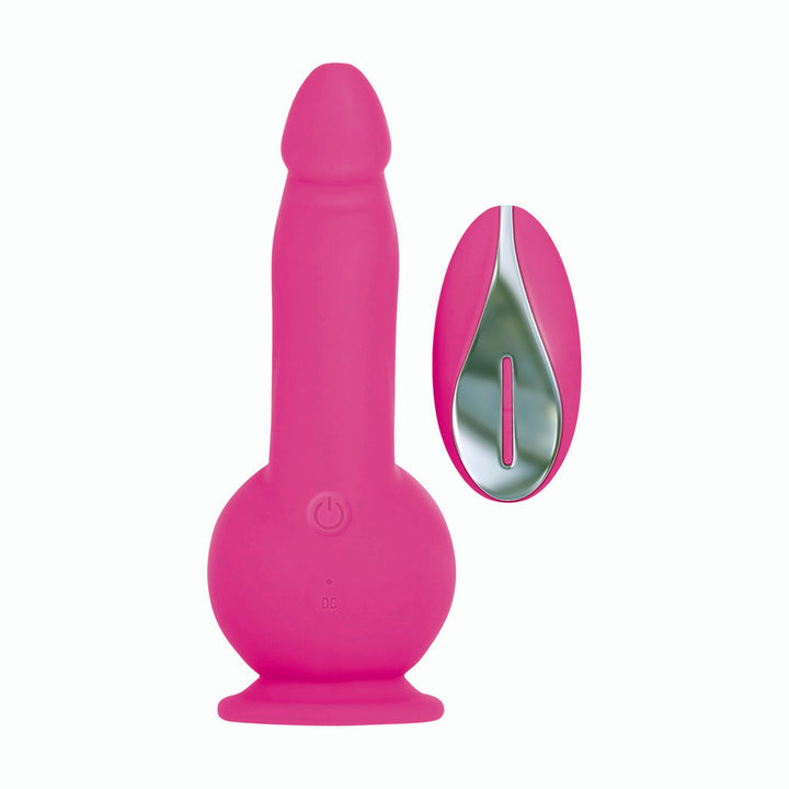 Evolved Ballistic vibrating dildo in pink silicone shown with oval wireless remote control