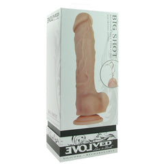 Evolved Big Shot Vibrating Squirting Dong in retail box, silicone, rechargeable, light skin tone
