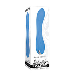 Evolved Blue Crush 10-function silicone vibrator shown in its white retail packaging box