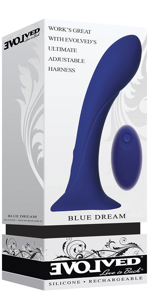 Evolved Blue Dream packaging showing rechargeable silicone dildo, harness-compatible design
