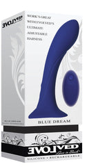 Evolved Blue Dream packaging showing rechargeable silicone dildo, harness-compatible design