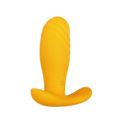 Evolved Creamsicle Wearable Vibe in mango yellow silicone, front view showing ribbed shaft and curved base