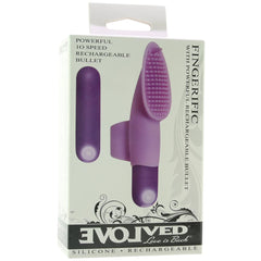 Evolved Fingerific packaging showing 10-speed rechargeable bullet and finger sleeve, purple