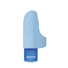Evolved Fingerlicious blue silicone finger vibrator with textured tip, front view