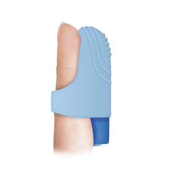 Evolved Fingerlicious worn on a finger, showing secure fit and ridged stimulation tip