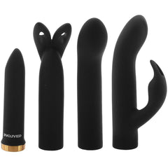 Evolved Four Play black silicone vibrator set with bullet and three attachments