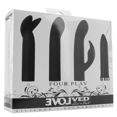 Evolved Four Play packaging showing four black silicone attachments, rechargeable