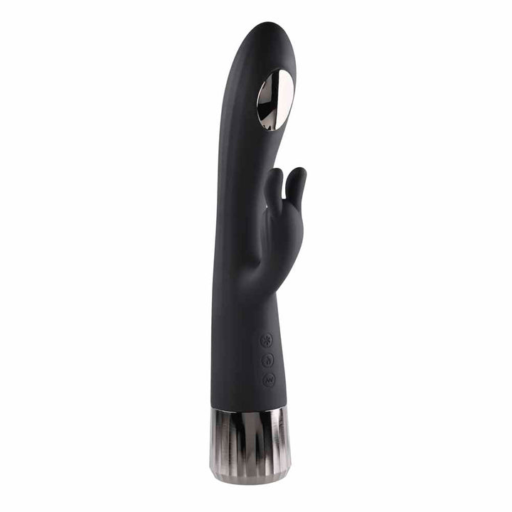 Evolved Heat Up & Chill black silicone rabbit vibrator with chrome base, front view