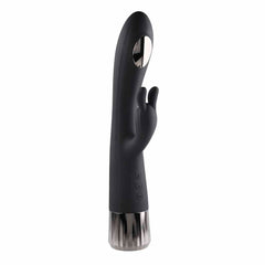 Evolved Heat Up & Chill black silicone rabbit vibrator with chrome base, front view