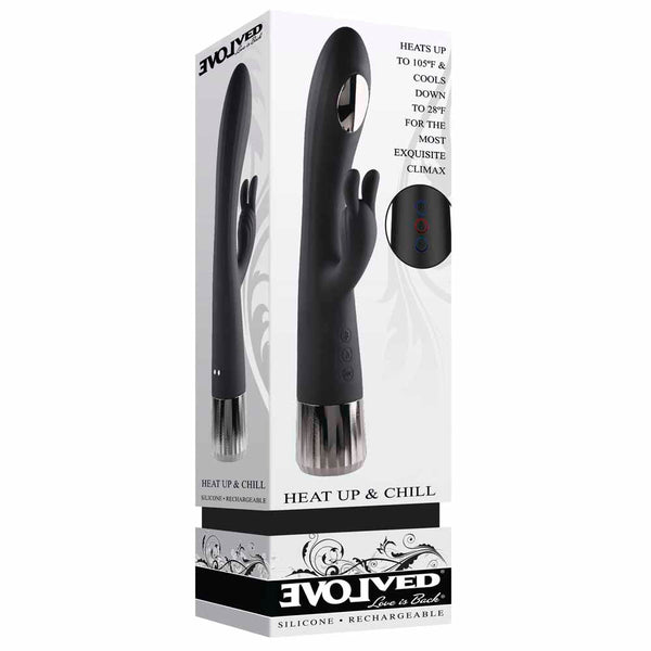 Evolved Heat Up & Chill vibrator beside retail packaging showing heating and cooling feature