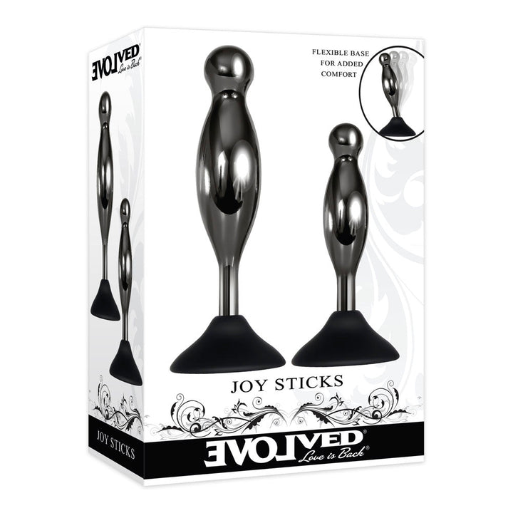 Evolved Joy Sticks anal plug set in gunmetal finish shown in retail box with flexible base callout