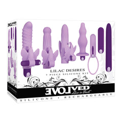 Evolved Lilac Desires 7-piece silicone kit in retail box, lilac and purple tones