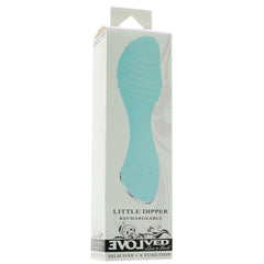 Evolved Little Dipper retail box displaying teal vibrator, 8-function rechargeable silicone design