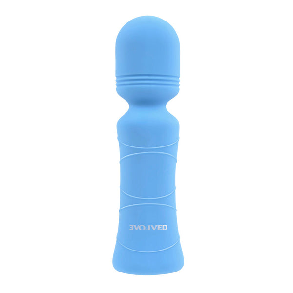 Evolved Out of the Blue mini wand vibrator in soft blue silicone, front view