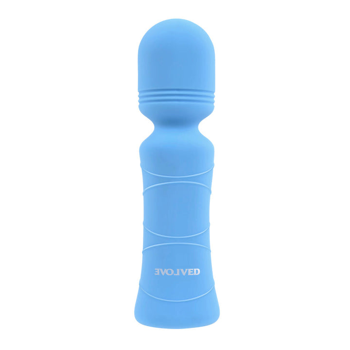 Evolved Out of the Blue mini wand vibrator in soft blue silicone, front view