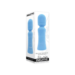 Evolved Out of the Blue wand in retail packaging labeled rechargeable, 7 functions
