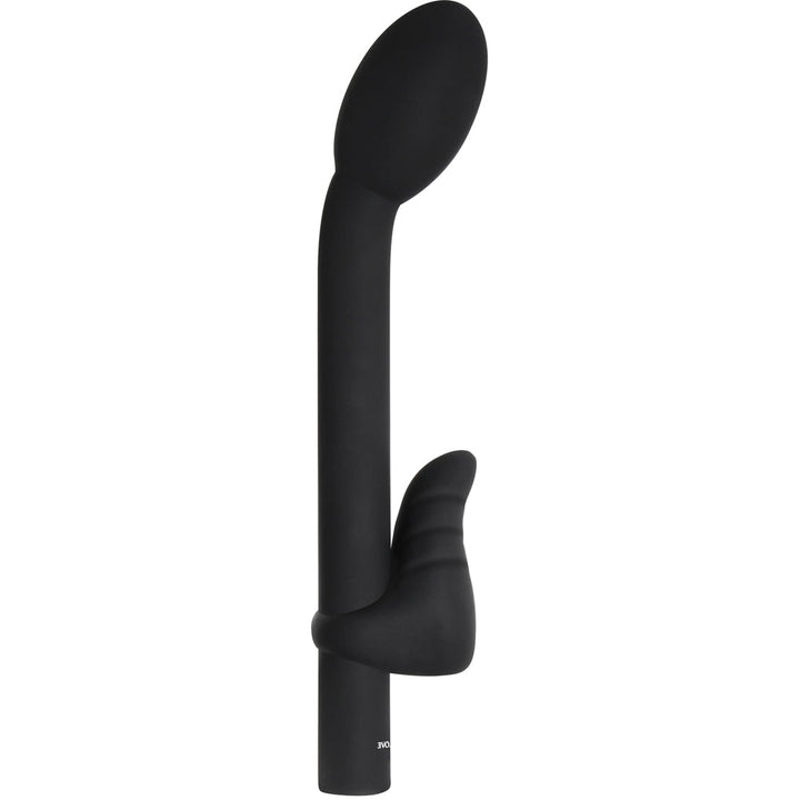 Evolved Power Couple black silicone G-spot vibrator with curved head and clitoral stimulator