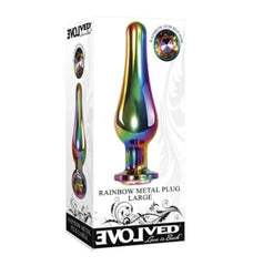 Evolved Rainbow Metal Plug Large shown in retail box with rainbow gem detail callout