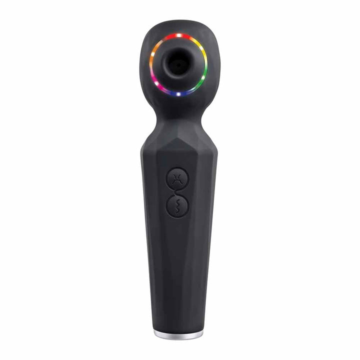Evolved Rainbow Sucker black silicone wand vibrator with rainbow LED ring on head, front view