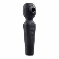 Evolved Rainbow Sucker black wand stimulator showing suction opening and dual control buttons, side angle