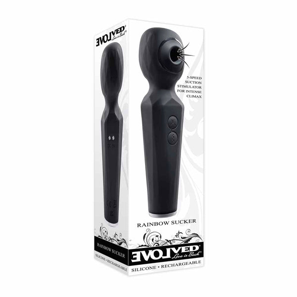 Evolved Rainbow Sucker in retail box showing 5-speed suction stimulator labeling, silicone and rechargeable icons