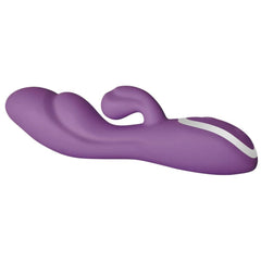 Evolved Rampage purple rabbit vibrator shown horizontally, highlighting the ergonomic dual-stimulation design